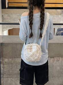 時尚女款丹寧菱格流蘇做舊斜挎貝殼包，女款單肩斜挎包，布料小包，休閒廢土風時尚女款小包 - 彩色 - 查看 4