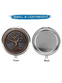 2D Flat Design 1pc Portable Travel Pill Box, Metal Vitamin Storage Box With Tree Of Life Pattern, Metal Mini Pill Organizer Box, Unique Gift Compact Pill Box, Suitable For Pocket, Wallet And Travel Gift, Best Christmas Gift - Multicolor - View 4