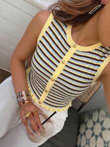 Women's Spring/Summer New Patchwork Ruffled Trim Metal Button Short Knit Vest, Striped Front Button Ribbed Embroidery Casual Beach Holiday Vest, Multi-Color Ruffled Trim Knit Vest, Summer Vest, Women's Knit Vest - Multicolor - View 4