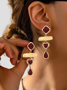 1 Pair Women's French Light Luxury Retro Heart Teardrop Long Drop Earrings, Jewelry For Daily Wear, Dates, Banquets & Holiday, Face Slimming Earrings - Gold + Burgundy - View 1