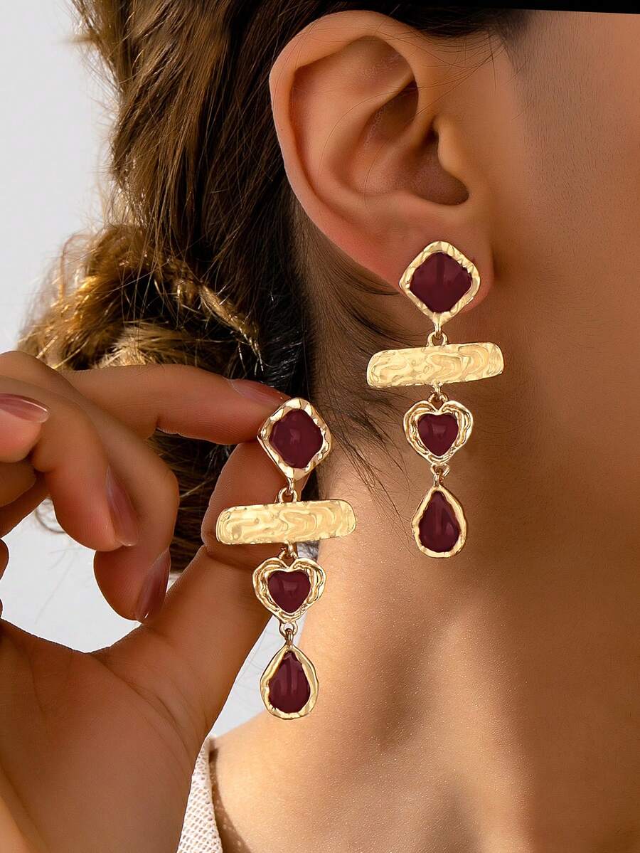 1 Pair Women's French Light Luxury Retro Heart Teardrop Long Drop Earrings, Jewelry For Daily Wear, Dates, Banquets & Holiday, Face Slimming Earrings - Gold + Burgundy - View 1