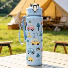 1pc 750ml Cartoon Animal Pattern Printed Summer Water Bottle With Straw Cup, Suitable For Sports, Outdoor, Home, Office, School, Portable And Perfect For Gifting - Multicolor - View 6