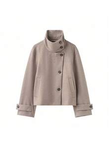 THREADLY Autumn/Winter New Women's European And American Style Fashion Minimalist Versatile Stand Collar Jacket - Khaki - View 3