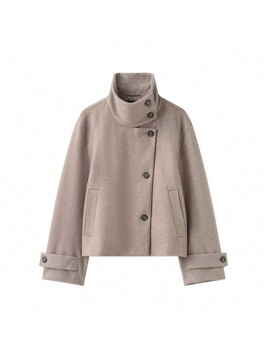 THREADLY Autumn/Winter New Women's European And American Style Fashion Minimalist Versatile Stand Collar Jacket - Khaki - View 1