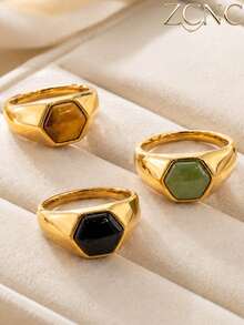 1pc 18K Gold Plated Women's Natural Stone Geometric Pattern Stainless Steel Ring (Green/Purple/Black) Suitable For Daily Wear, Party, Business Meeting And Other Occasions, Ideal For Valentine's Day/Anniversary/Gift/Mother's Day/Halloween/Christmas/Elderly Jewelry Gift - Ring - View 2