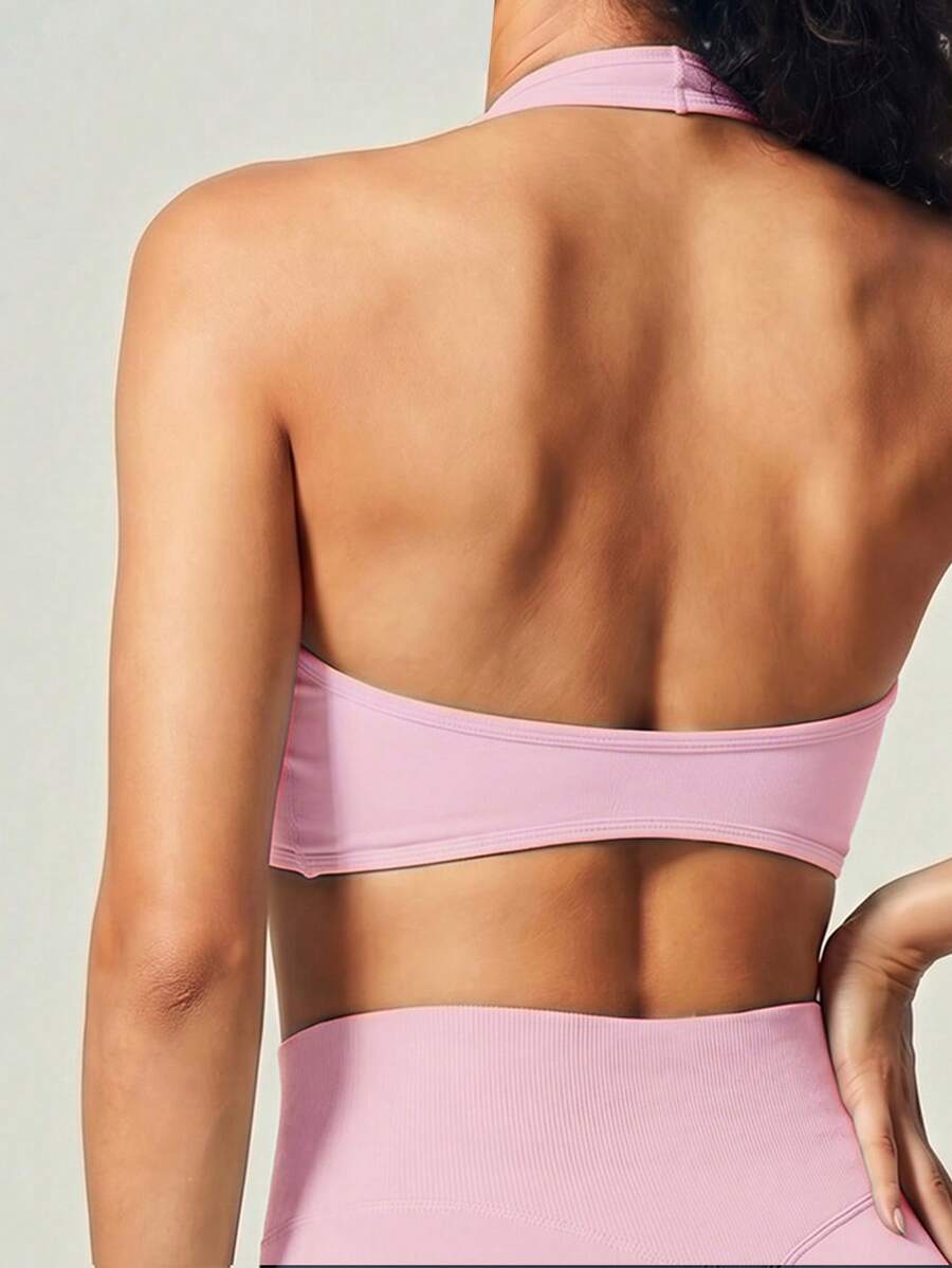 UONNOU 女款掛脖前胸抓皺運動內衣,露背短版背心,中強度支撐無鋼圈瑜珈健身運動背心 - 粉色 - 查看 1