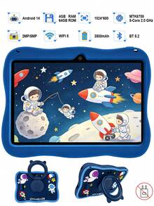 Qetupa 7吋 Android 14 兒童平板電腦附防震保護殼，4GB RAM + 64GB ROM，1024*600 IPS 觸控螢幕，3500mAh 電池，2MP + 5MP 雙鏡頭相機，藍牙與 Wi-Fi 連接，適合早期教育、閱讀與遊戲，隨時隨地享受娛樂；男孩女孩的節日禮物（不含電源適配器，不支援 SIM 卡）。 - 藍色 - 查看 1