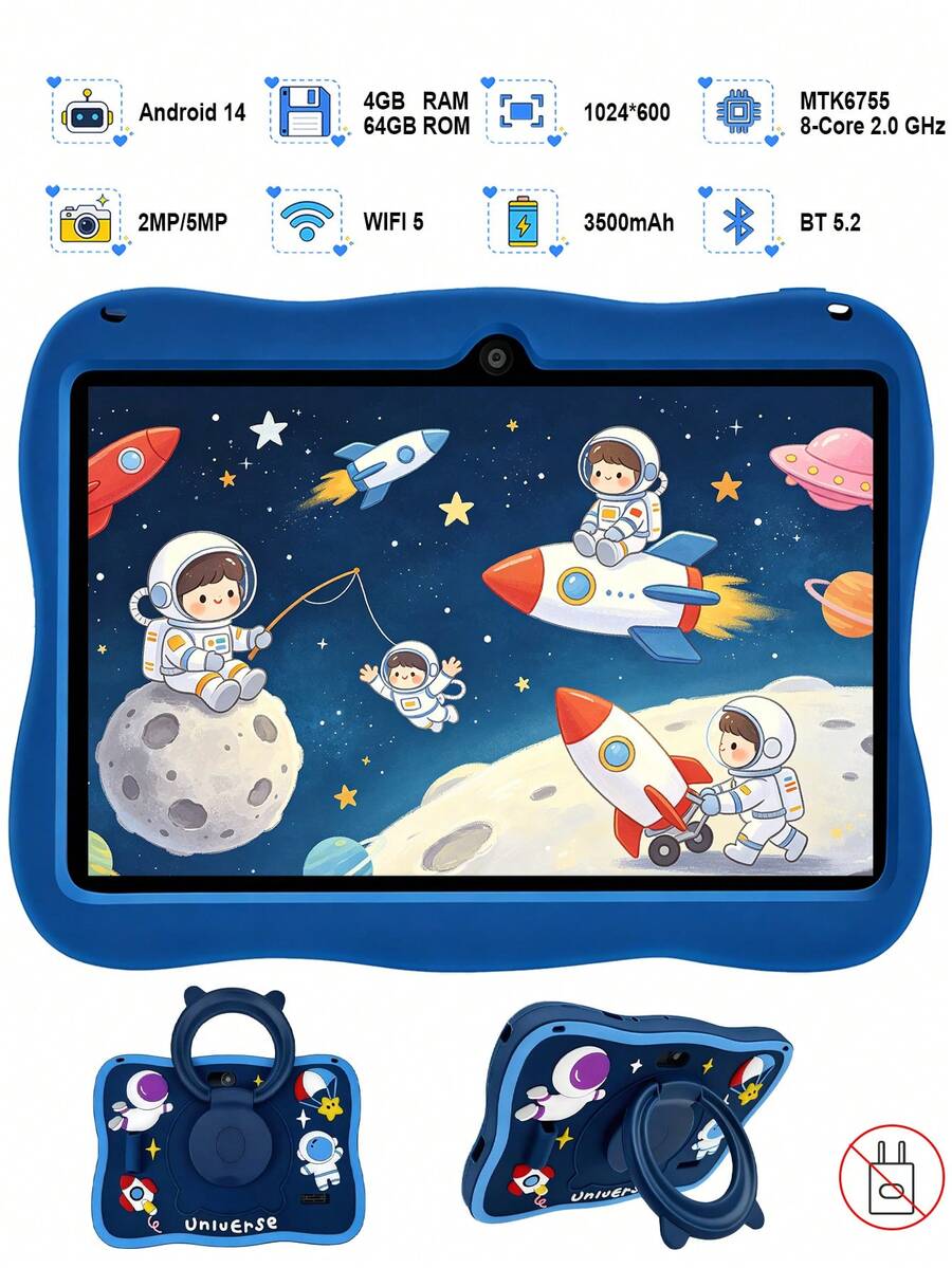 Qetupa 7吋 Android 14 兒童平板電腦附防震保護殼,4GB RAM + 64GB ROM,1024*600 IPS 觸控螢幕,3500mAh 電池,2MP + 5MP 雙鏡頭相機,藍牙與 Wi-Fi 連接,適合早期教育、閱讀與遊戲,隨時隨地享受娛樂;男孩女孩的節日禮物(不含電源適配器,不支援 SIM 卡)。 - 藍色 - 查看 1