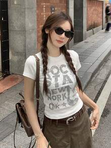 Printed Slim-Fit Versatile Short Sleeve T-Shirt Top For Women Casual White Summer - White - View 1