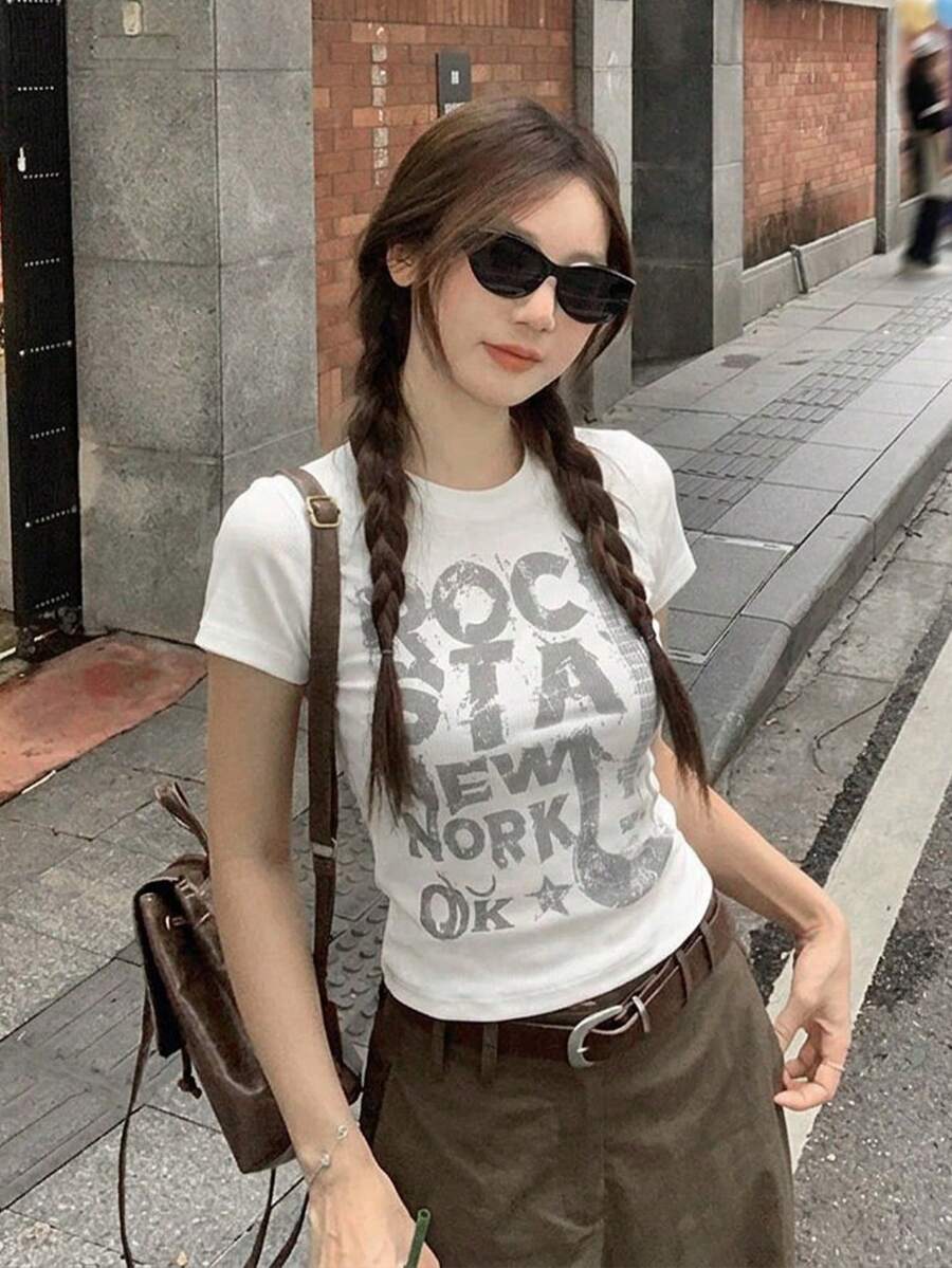 Printed Slim-Fit Versatile Short Sleeve T-Shirt Top For Women Casual White Summer - White - View 1