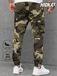 Hidkat Men's Lightweight Thin Camouflage Cargo Pants, Large Pockets Design, Elastic Waist With Drawstring, Breathable Jogger Pants For Casual Outdoor Activities, Spring/Autumn - Khaki - View 3