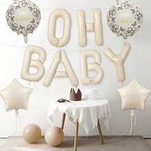 Banner de Balões Metalizados OH BABY Branco Creme, Decoração Neutra para Chá de Bebé, Balões Mylar Redondos e em Forma de Estrela com Flores, Decoração de Fundo para Festa de Revelação de Género e Gravidez - Multicolorido - Ver 3