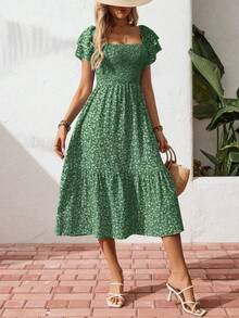 New Cross-Border Success In Europe And America: Long Floral Dress With Square Neck And Puff Sleeves. - Dark Green - View 1