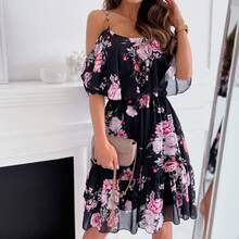 New  Sexy Chiffon Print Off-The-Shoulder Dress For Spring. - Black - View 1