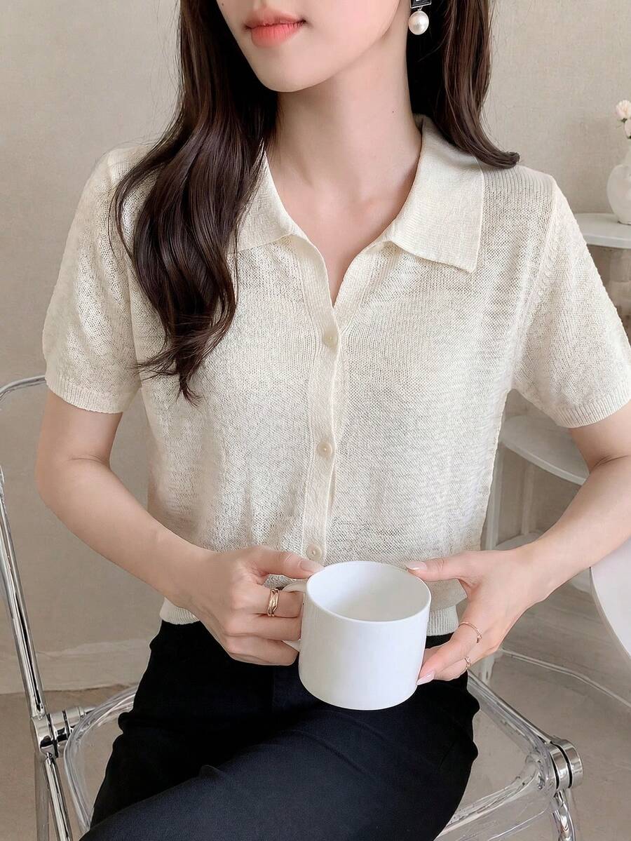 女款春夏白色半透短袖百搭針織開襟衫,翻領設計,優雅百搭,適合通勤、約會、度假、日常穿搭與街頭購物 - 杏色 - 查看 1