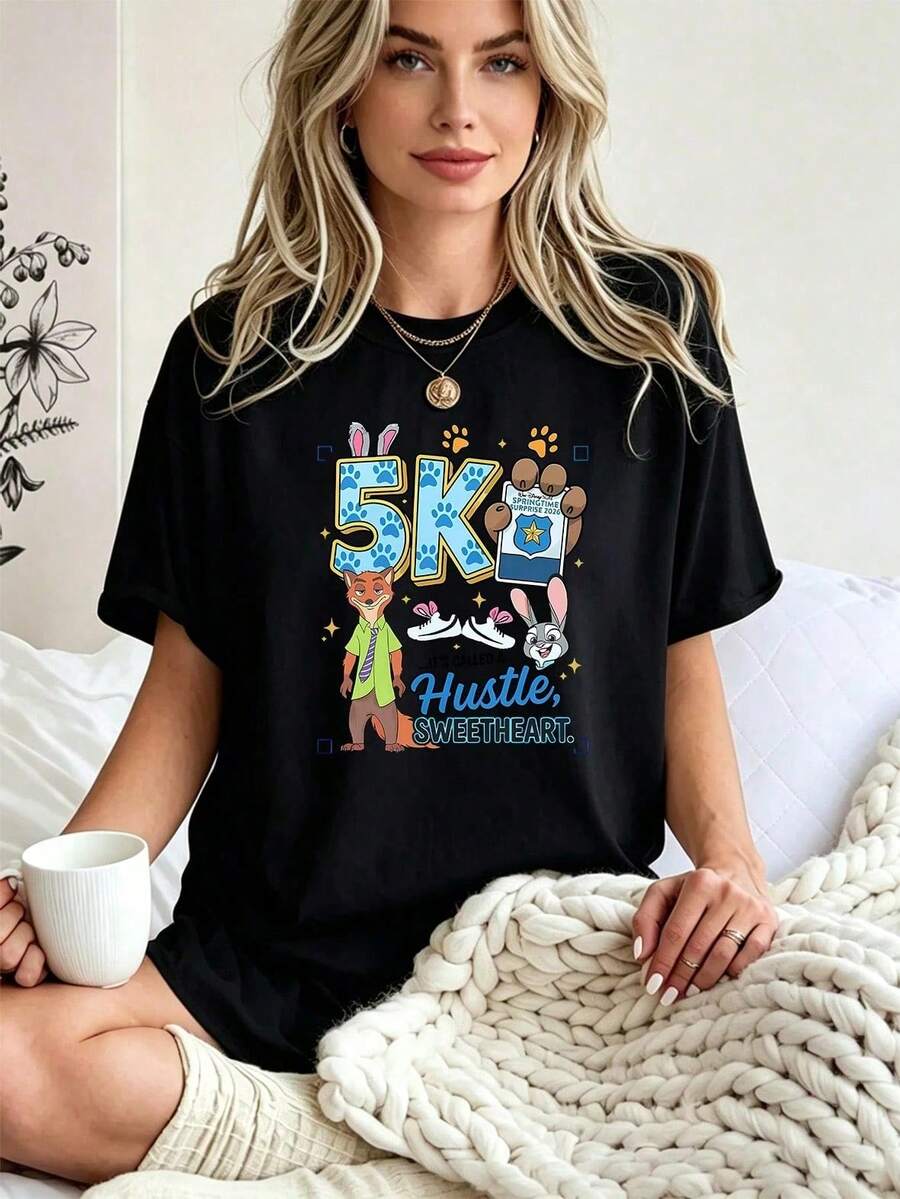 Loose Fit T-Shirt With Kawaii Rabbit Print, Short Sleeves, Round Neck, Japanese Style, Urban Fashion Streetwear, Daily Wear, Novelty Girl's Clothing - 黑色 - 查看 1