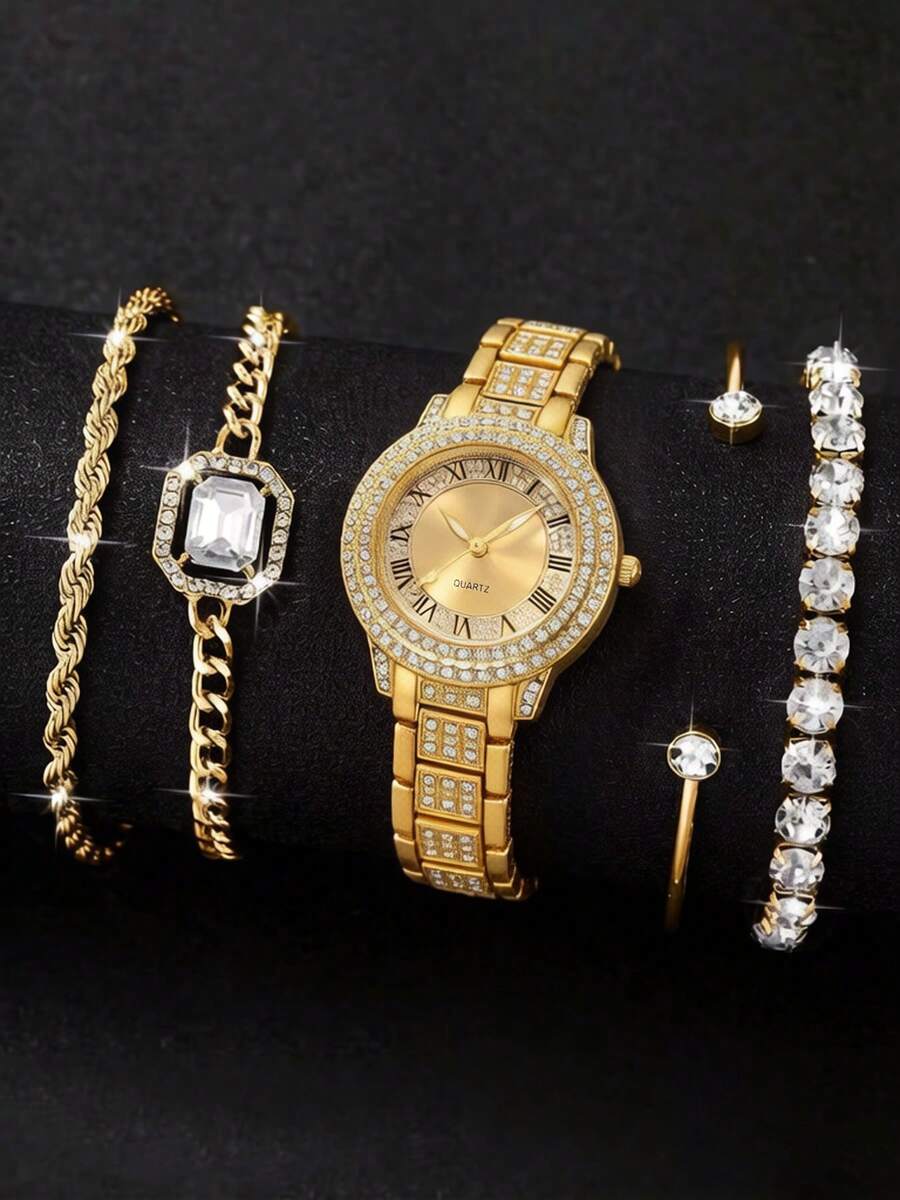 5pcs/Set Fashion Rhinestone Women's Watch Roman Numeral Quartz Bracelet Watch Set, Elegant Wristwatch Set For Girls - one-size - View 1