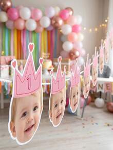 8/12/16pcs Custom Kid Photo And Text 1st Birthday Banner, Pink Blue Beige Crown Number Photo Banner, Customizable Kids First Birthday Party Banner - Multicolor - View 5