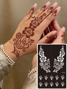 2pcs/Set Hana Hand-Drawn Hollow Tattoo Stencils, Floral Pattern Nail Art Tattoo - Sexy Floral Design, Suitable For Hands, DIY Painting, Ink, Reusable Mehndi Design Template Stickers - Black - View 3