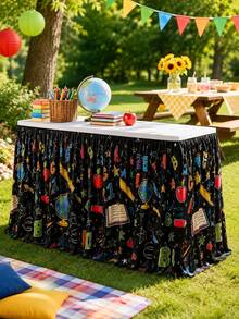 1pc Black School Supplies Print Table Skirt, Colorful Classroom Style Polyester Rectangular Pleated Tablecloth, Back To School Decoration, Teacher Desk Display, Kindergarten Classroom Party, Library Reading Corner - Multicolor - View 9