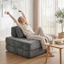2-In-1 Cloud-Type Folding Chair Bed, Made Of Chenille, With Thick Support Cushion, Grey Color. - Grey - View 2