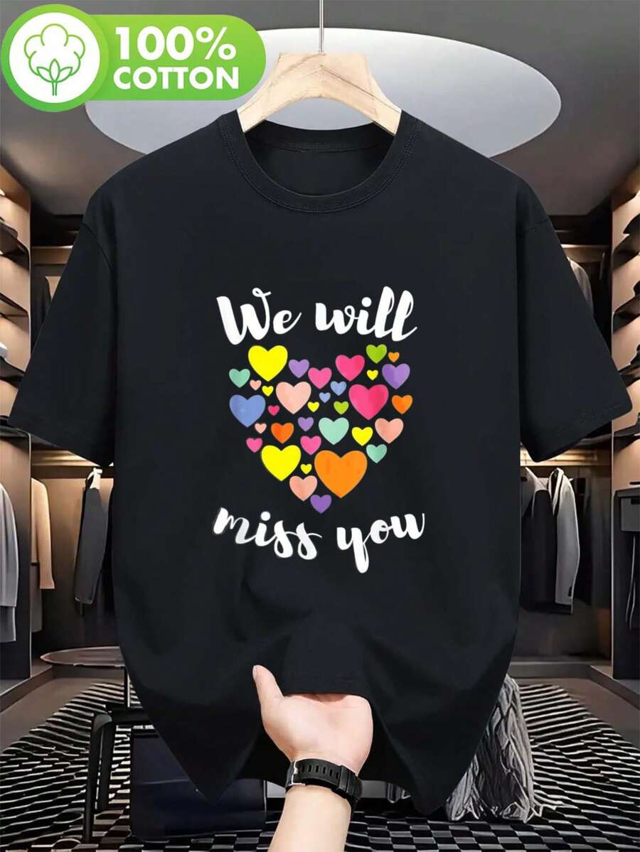 Camiseta Divertida de Despedida para Hombre - Diseño de Corazón "Nos Echarás de Mala Cara", Corazón Colorido - Peso 180g, 100% Algodón, Cuello Redondo, para la Escuela, Oficina, Colegas - Id - Blanco - Ver 1