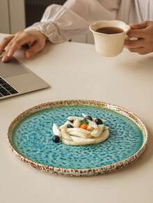 Mirror-Smooth Ceramic Dinner Plate With Crackle Decoration, Suitable For Home Or Restaurant Use. Ideal Tableware For Western Steak Dishes. Additionally, It Is A Very Suitable Large Round Ceramic Plate For Restaurant Use, Especially For Serving Sashimi And Other Delicacies. - Multicolor - View 5