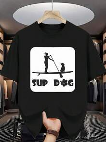 Camiseta de Cuello Redondo para Hombre con Estampado de Perro Surfista, Moderna y a la Moda, Esencial para Entusiastas de las Actividades Acuáticas - Negro - Ver 1