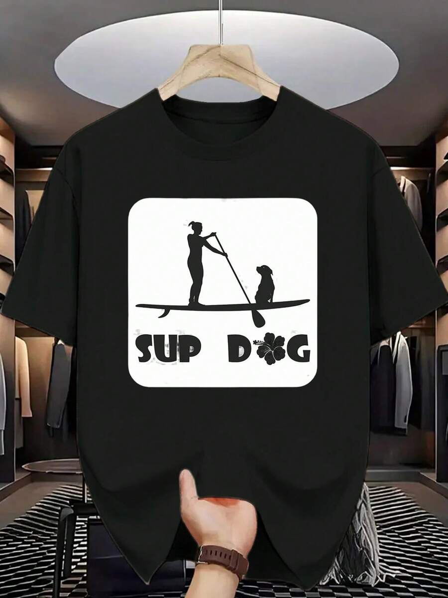 Camiseta de Cuello Redondo para Hombre con Estampado de Perro Surfista, Moderna y a la Moda, Esencial para Entusiastas de las Actividades Acuáticas - Negro - Ver 1