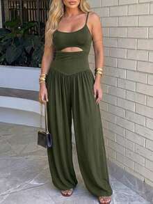 Women Spaghetti Strap Midriff Cutout Jumpsuit High Waist Gathered Harem Pant Romper Elastic Ankle Cuff Relaxed Fit Casual Daily Street Party Outfit - Army Green - View 9