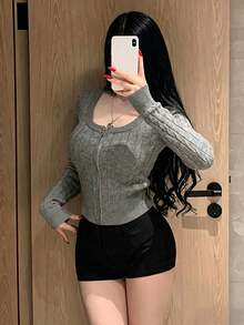Vintage Zipper Waist-Cinching Slim-Fit Grey Short Cardigan, Elastic Knit Fabric Flattering Women's Cardigan, Suitable For Women Aged 18-35, Autumn - Dark Gray - View 5