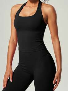 UONNOU 2 Pieces Women's Sculpting Workout Set, Halter Open Back Top & High Waist Butt Lifting Capri Leggings For Yoga & Gym - Black - View 2