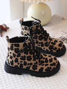 1 Pair Vintage Leopard Print Light Brown Round Toe Lace-Up Boots, Autumn Thick Sole Non-Slip Durable Foot Protection Fashion Daily Ankle Boots - Brown - View 6