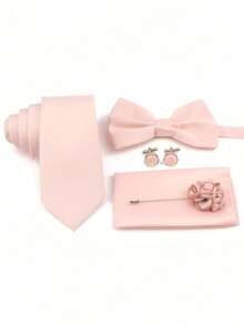 5pcs Groom & Groomsmen Tie Set, Light Pink, Includes Tie, Bow Tie, Pocket Square, Boutonniere, Cufflinks, INS Style - Baby Pink - View 3