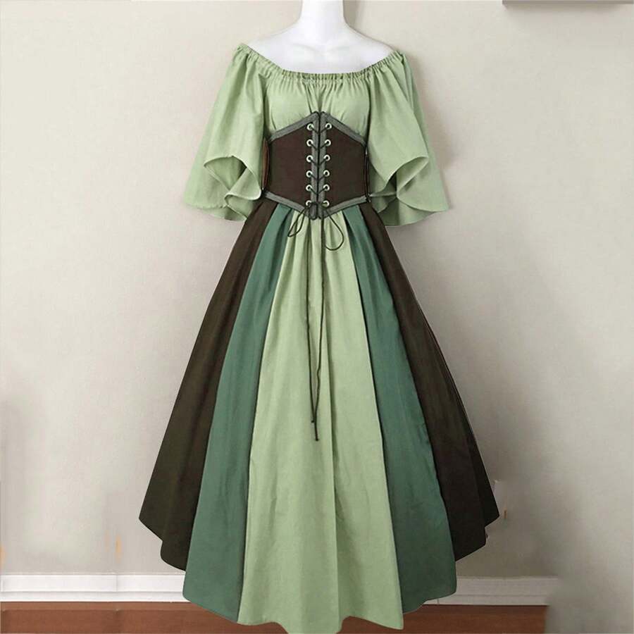 Medieval Retro Style Fitted Dress With Color Blocks, Ruffled Sleeves And A Wide Hem, Ideal For Cosplay And Stage Performances. - Light Green - View 1