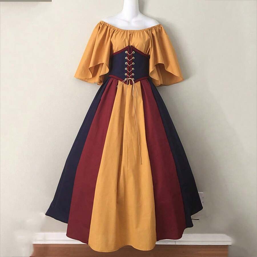 Medieval Retro Style Fitted Dress With Color Blocks, Ruffled Sleeves And A Wide Hem, Ideal For Cosplay And Stage Performances. - Yellow - View 1