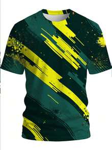 Camiseta de Cuello Redondo para Hombre de Estilo Contemporáneo - Diseño Abstracto de Alto Contraste con Líneas Angulares, Detalles en Tonos Medios y Textura Desgastada, Estampado Vibrante pa - Negro - Ver 2