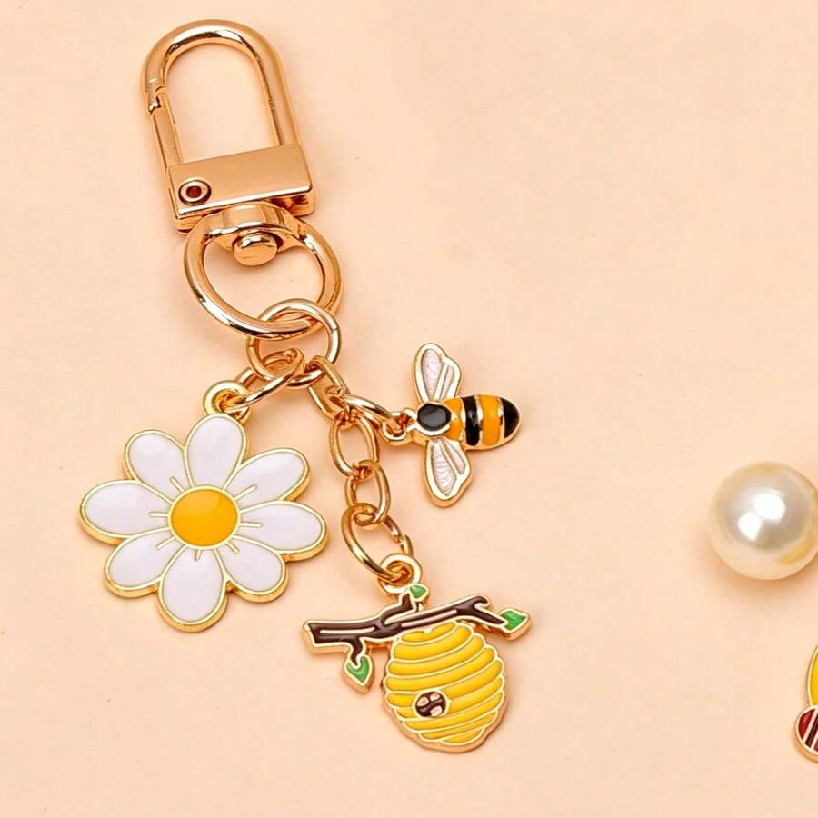 1pc Unisex Alloy Oil-Drip Bee Honeycomb Flower Keychain Fashion Pendant Bag Charm - Multicolor - View 1