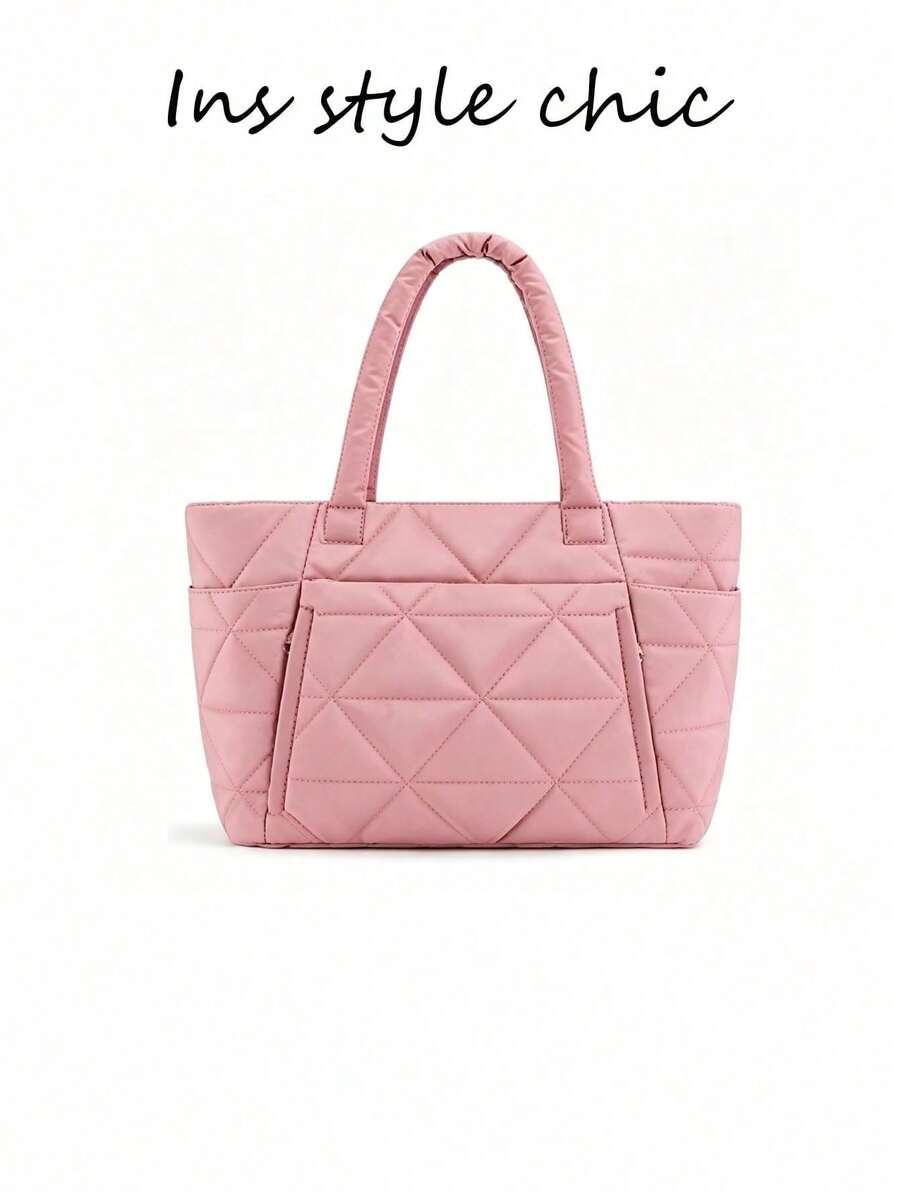 New Fashionable Classic Multifunctional Solid Color Tote Bag, Solid Color Design, Quilted Decoration, Shoulder Tote Bag, Double Handles, Fashionable Women's Shoulder Bag, Business Bag - 玫紅色 - 查看 1