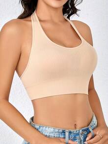 Top deportivo y camiseta de tirantes sin costuras - Top de yoga acanalado tipo halter con espalda abierta - azul real - Ver 6
