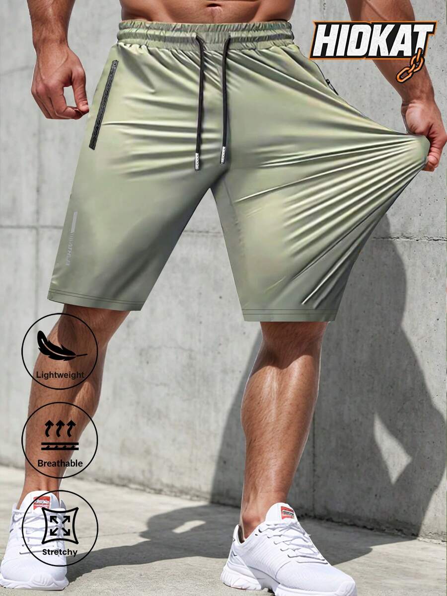 Summer High Stretch Sports Shorts For Men, Drawstring Waist, Zipper Pockets, Reflective Print, Casual Pants Suitable For Workout, Jogging, Football, Basketball, Golf With Reflective Details