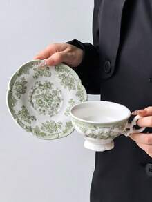 1套綠色/粉色/藍色陶瓷咖啡杯碟組，法式Ins風居家女性咖啡杯碟，壓花蕾絲邊精緻馬克杯，適用於各種咖啡、牛奶，適合款待客賓/親友，精美送禮首選 - 彩色 - 查看 10