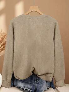 Women's Plus Size Faux Sweater "I Hate Humans" Cat Print Knit Pullover, Dropped Shoulder Long Sleeve Crew Neck Top, High Elasticity, Regular Length - Camel - View 2