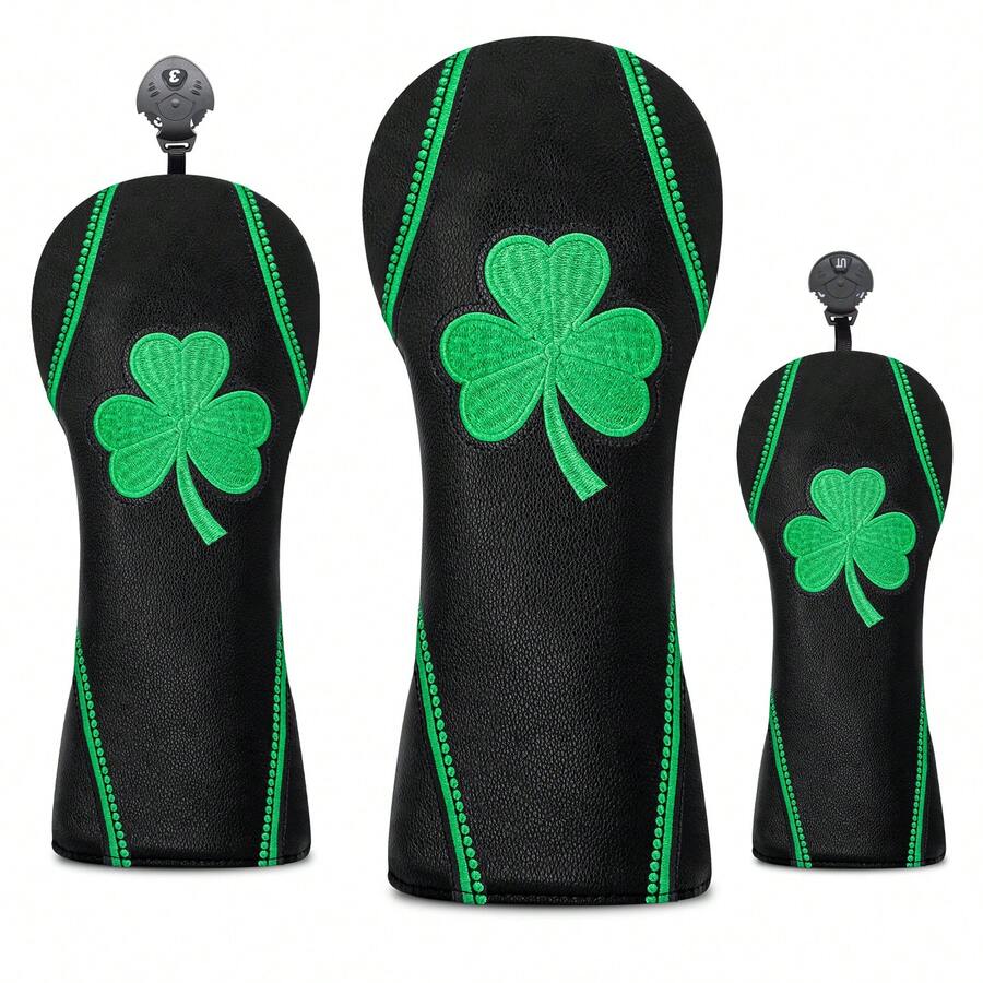 1PC Golf Headcover For Driver Fairway Wood Hybrid, Embroidered Four-Leaf Clover Pattern, Dustproof Durable PU Material, Practical Golf Accessory, Nice Festival Gift - Multicolor - View 1