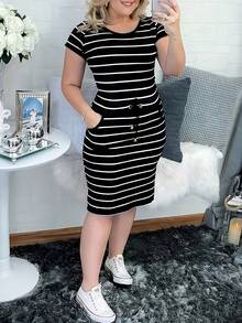 Vestido ajustado casual de primavera/verano para mujer, nuevo, a rayas, con doble bolsillo y cordón - Gris Claro - Ver 7