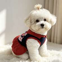 Navy Blue & Red Contrast Collar Pet Princess Dress, SUPER ADORABLE Heart Crown Letter Print, Breathable Summer Puppy Dress For Bichon Teddy, Small To Medium Dogs, American Retro Colorblock Dog Tank Dress - Red - View 4
