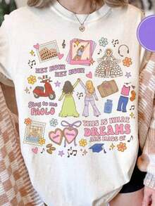 Playera Holgada con Diseño de Collage Retro Pastel Cuello Redondo Básica Moda Juvenil Estilo Vintage Gráfico - Blanco - Ver 1