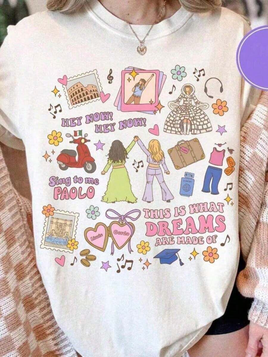 Playera Holgada con Diseño de Collage Retro Pastel Cuello Redondo Básica Moda Juvenil Estilo Vintage Gráfico - Blanco - Ver 1