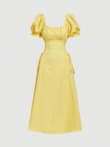 MOD Vestido de longitud media con cuello cuadrado, mangas de pétalo y cintura con lazo en unicolor para mujer - Multicolor - Ver 4