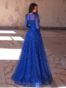 Faeriesty Elegante vestido de noche formal para mujer en azul real, manga larga con adornos de cuentas & lentejuelas, cuello redondo, manga abullonada y bajo acampanado para vacaciones - azul real - Ver 3